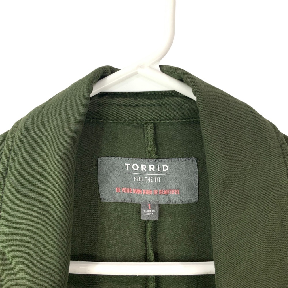 Torrid Olive Green Utility Trench Coat 1X Open Front Notched Long Leather Sleeve - Picture 4 of 6